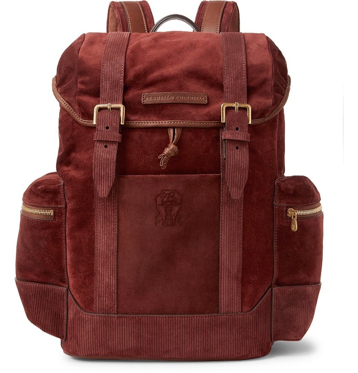Photo: Brunello Cucinelli - Leather-Trimmed Suede Backpack - Burgundy