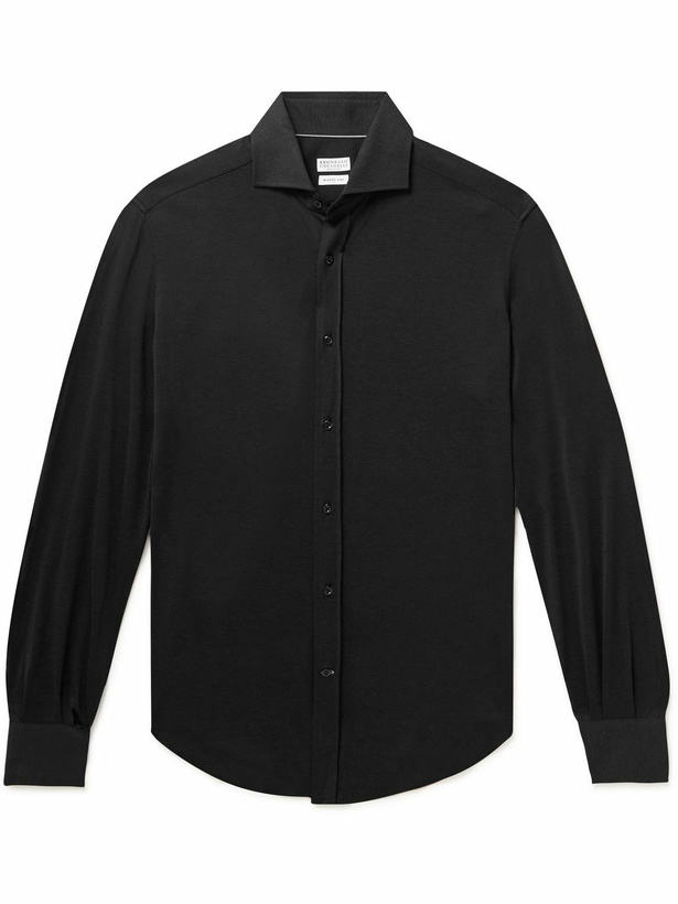 Photo: Brunello Cucinelli - Cutaway-Collar Silk and Cotton-Blend Shirt - Black