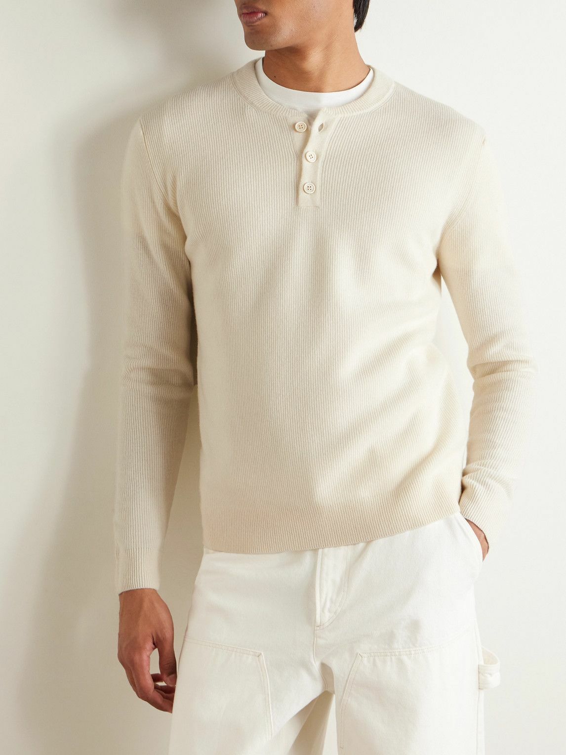 Incotex - Zanone Slim-Fit Ribbed Virgin Wool Henley T-Shirt - White