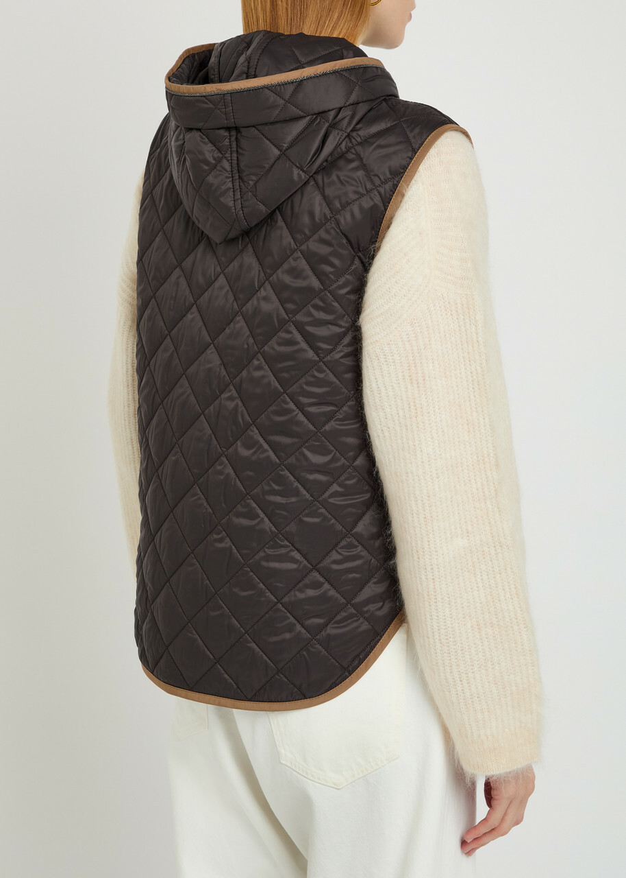 Brunello Cucinelli Quilted Hooded Nylon Gilet Dark Brown