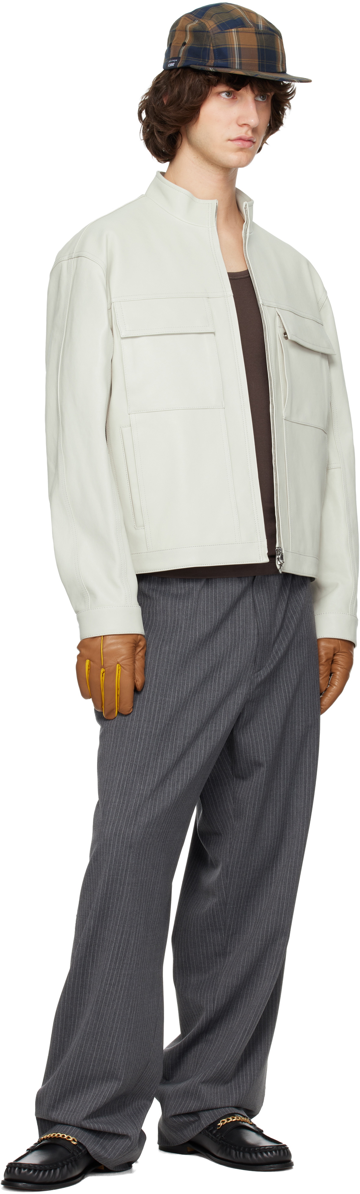 Solid Homme Off-White High-Neck Two-Pocket Leather Jacket