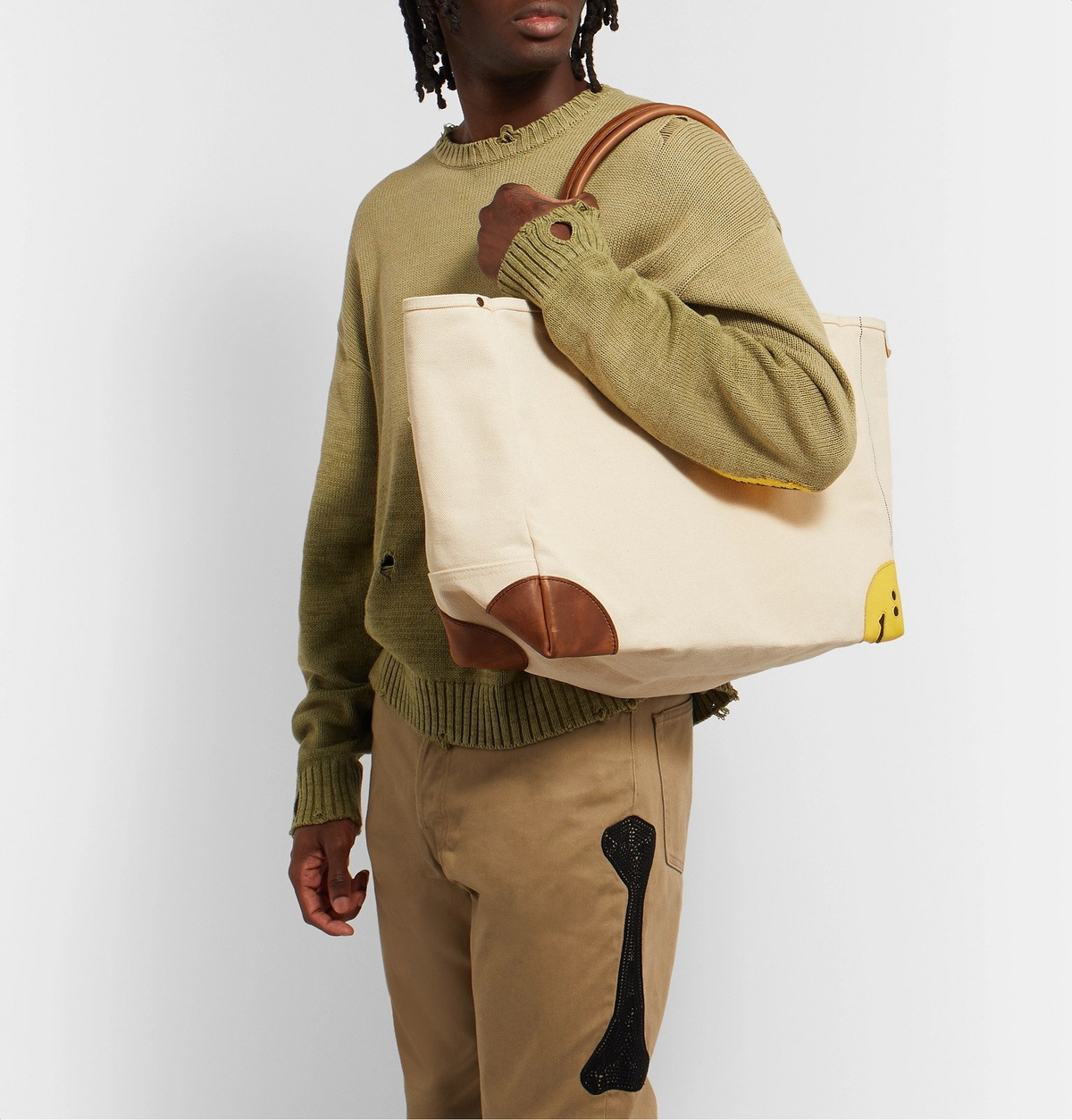 KAPITAL - Smiley Leather-Trimmed Canvas Tote Bag - Neutrals KAPITAL