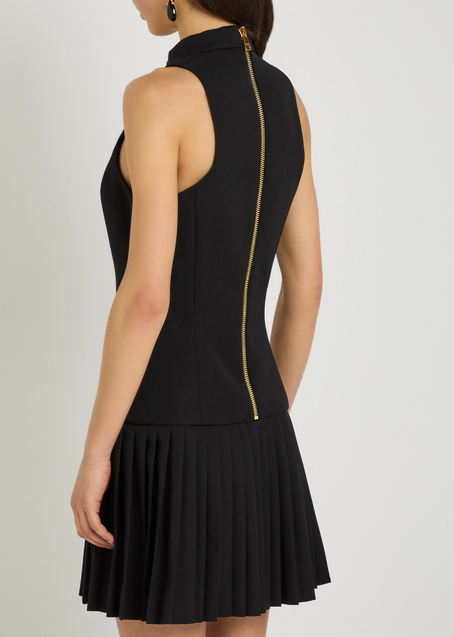 Balmain Belted Pleated Wool Mini Dress Black