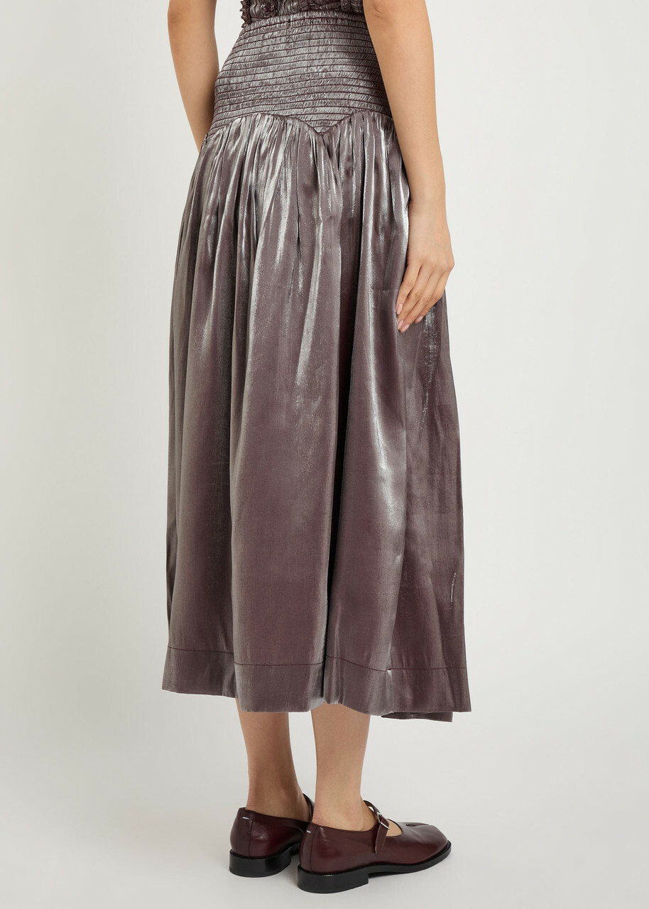 Damson Madder Layla Shirred Pearlescent Satin Midi Ksirt Purple