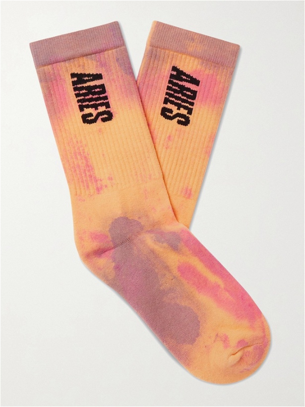 Photo: ARIES - Logo-Intarsia Tie-Dye Cotton-Blend Socks - Yellow