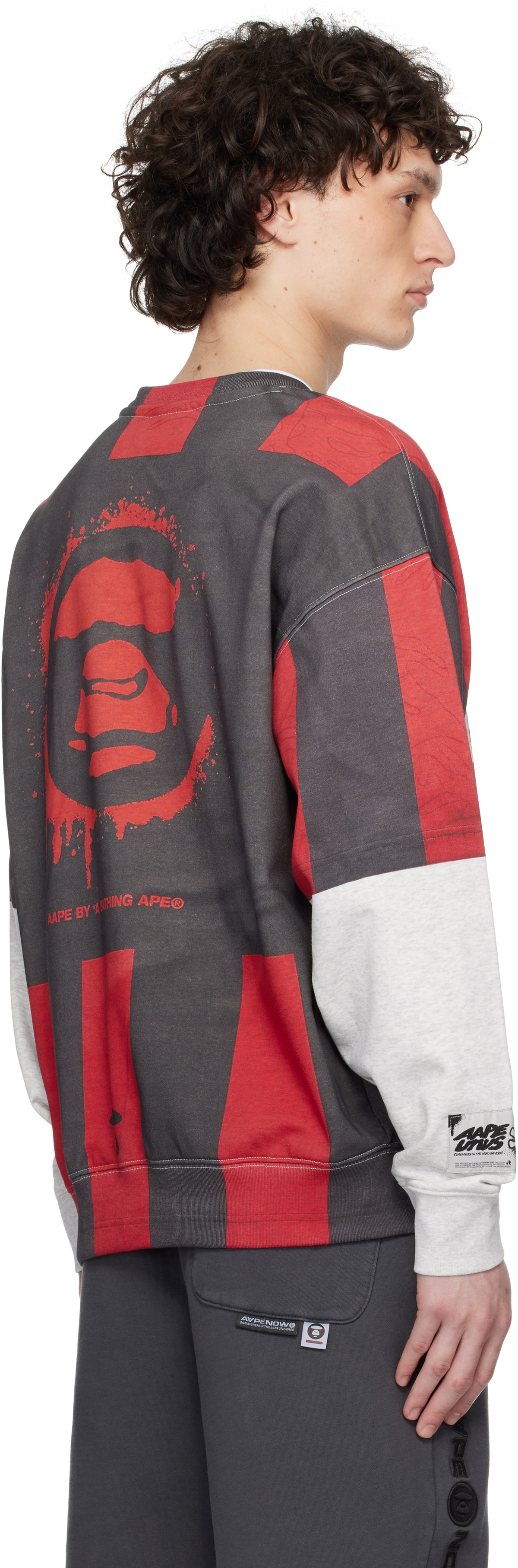 AAPE by A Bathing Ape Gray & Red Moonface Main Crewneck Sweatshirt