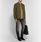 Balmain - Slim-Fit Grandad-Collar Distressed Denim Shirt Jacket - Men - Army green