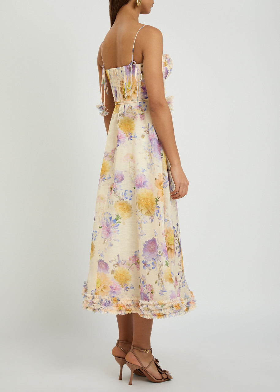 Zimmermann Luna Floral-appliquéd Linen and Silk-blend Midi Dress Cream