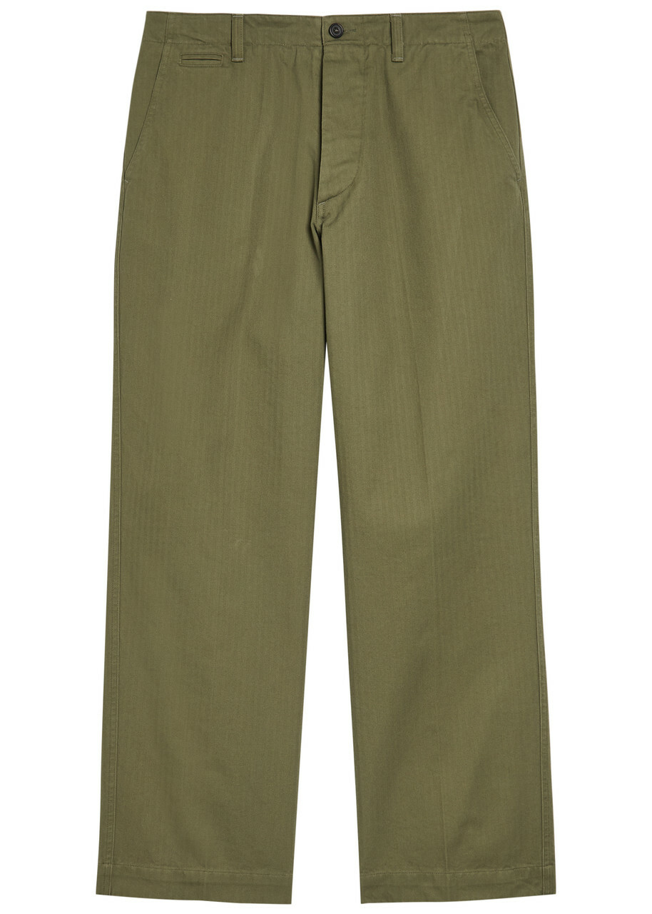 Drake's Herringbone Wide-leg Chino Trousers Khaki