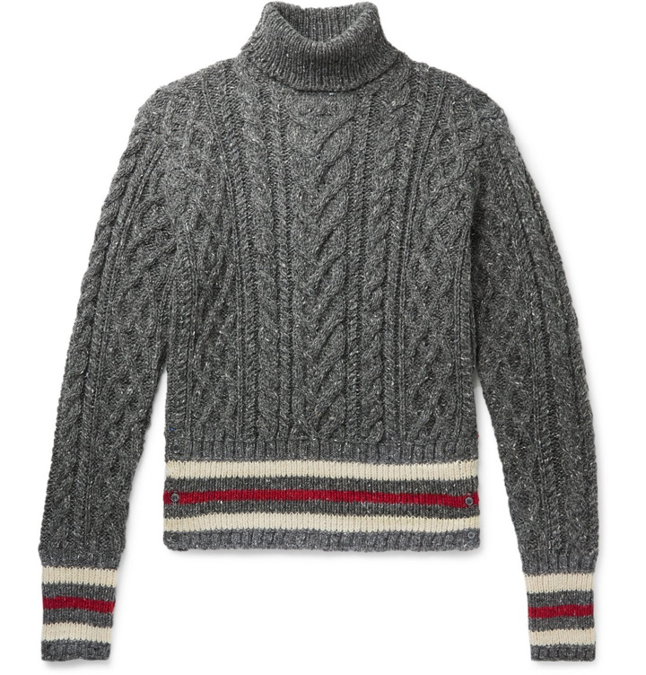 Photo: Thom Browne - Striped Cable-Knit Mélange Wool and Mohair-Blend Rollneck Sweater - Gray