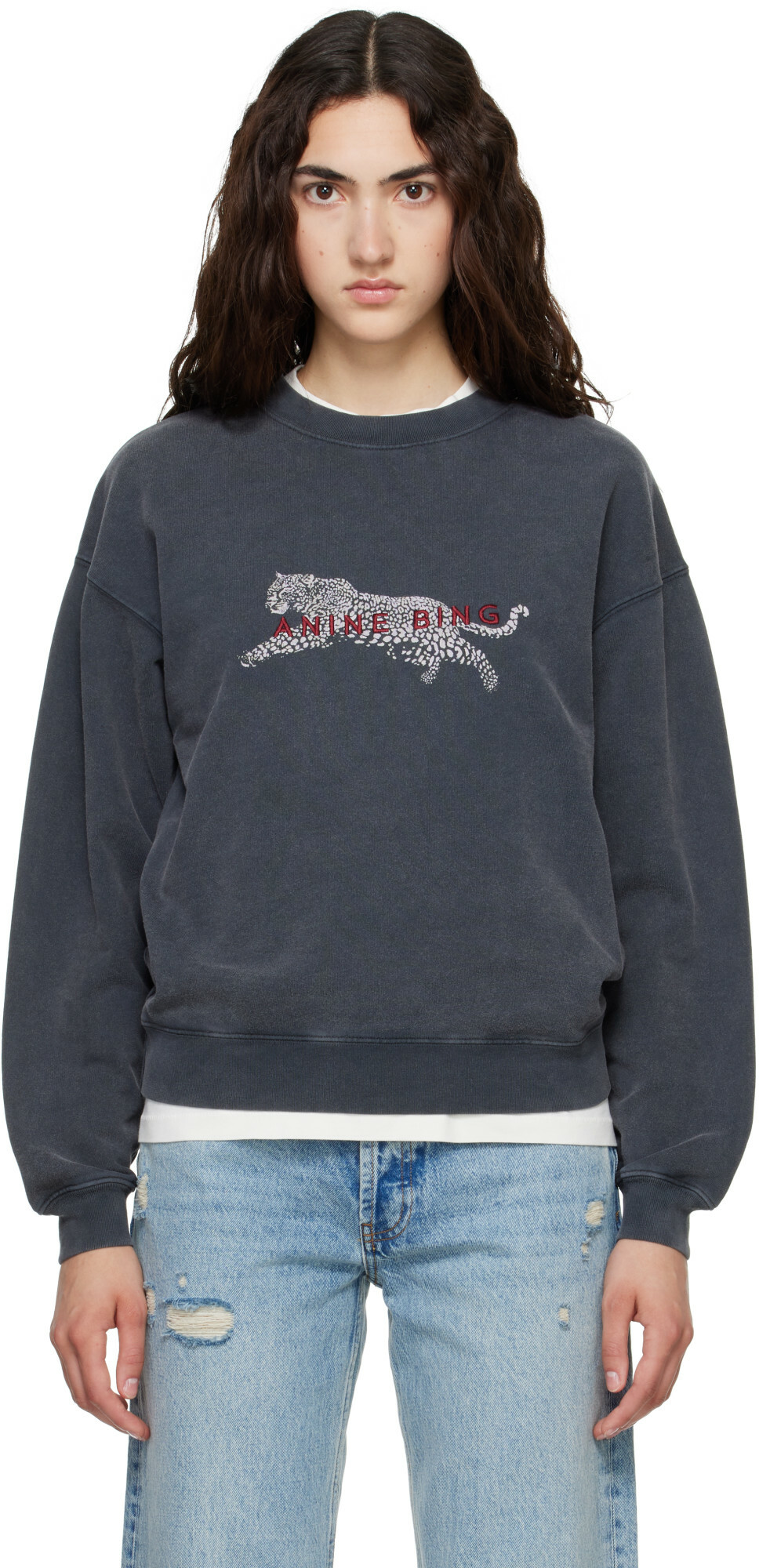 ANINE BING Gray Spencer Leopard Sweatshirt