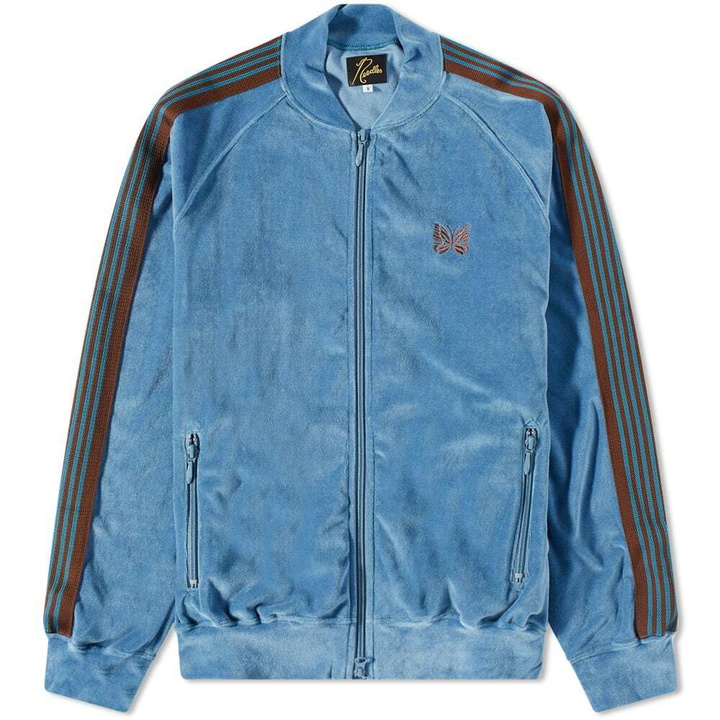 Photo: Needles Men's Velour Track Jacket in Blue Grey