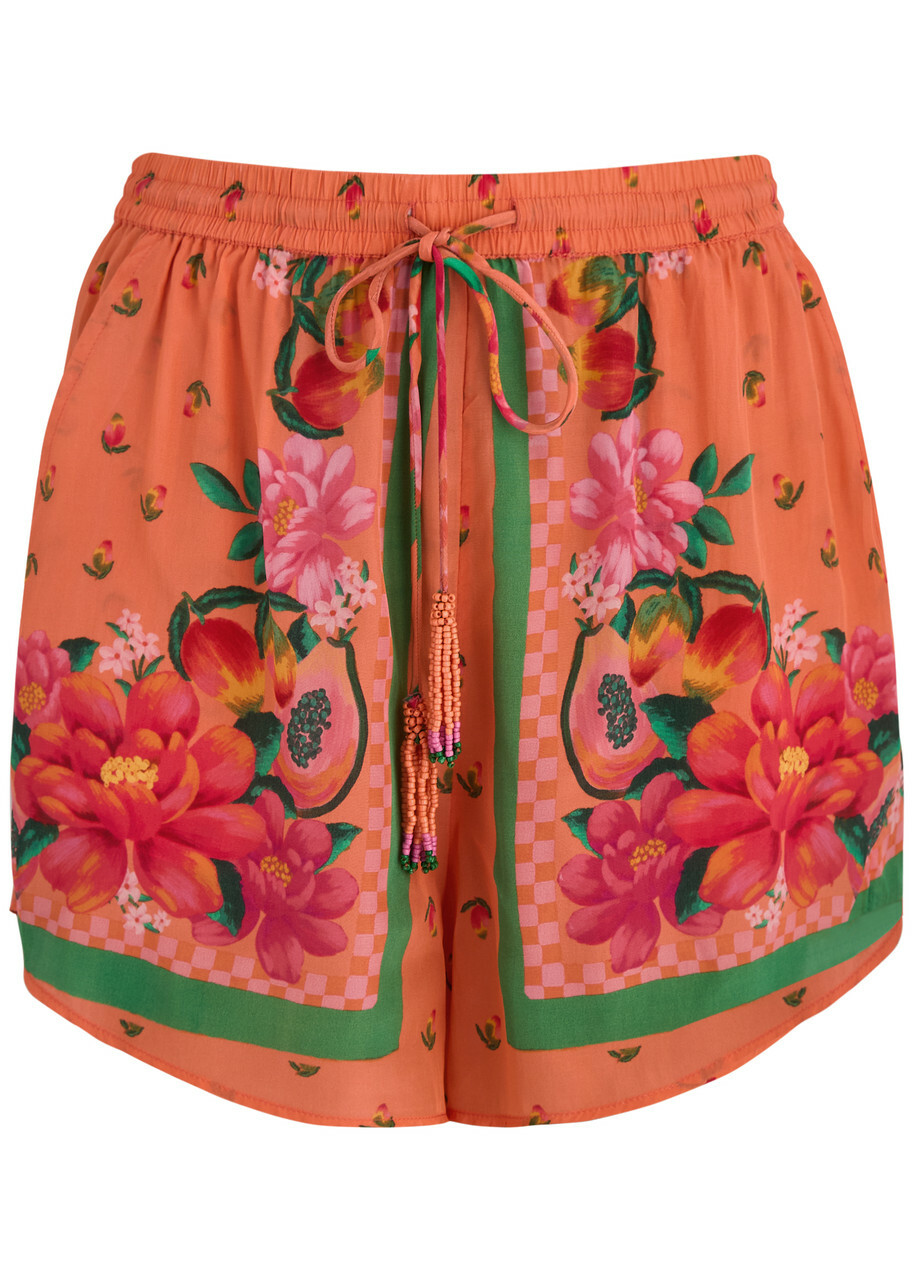 Farm Rio Fruit Garden Printed Satin Shorts Orange Farm Rio