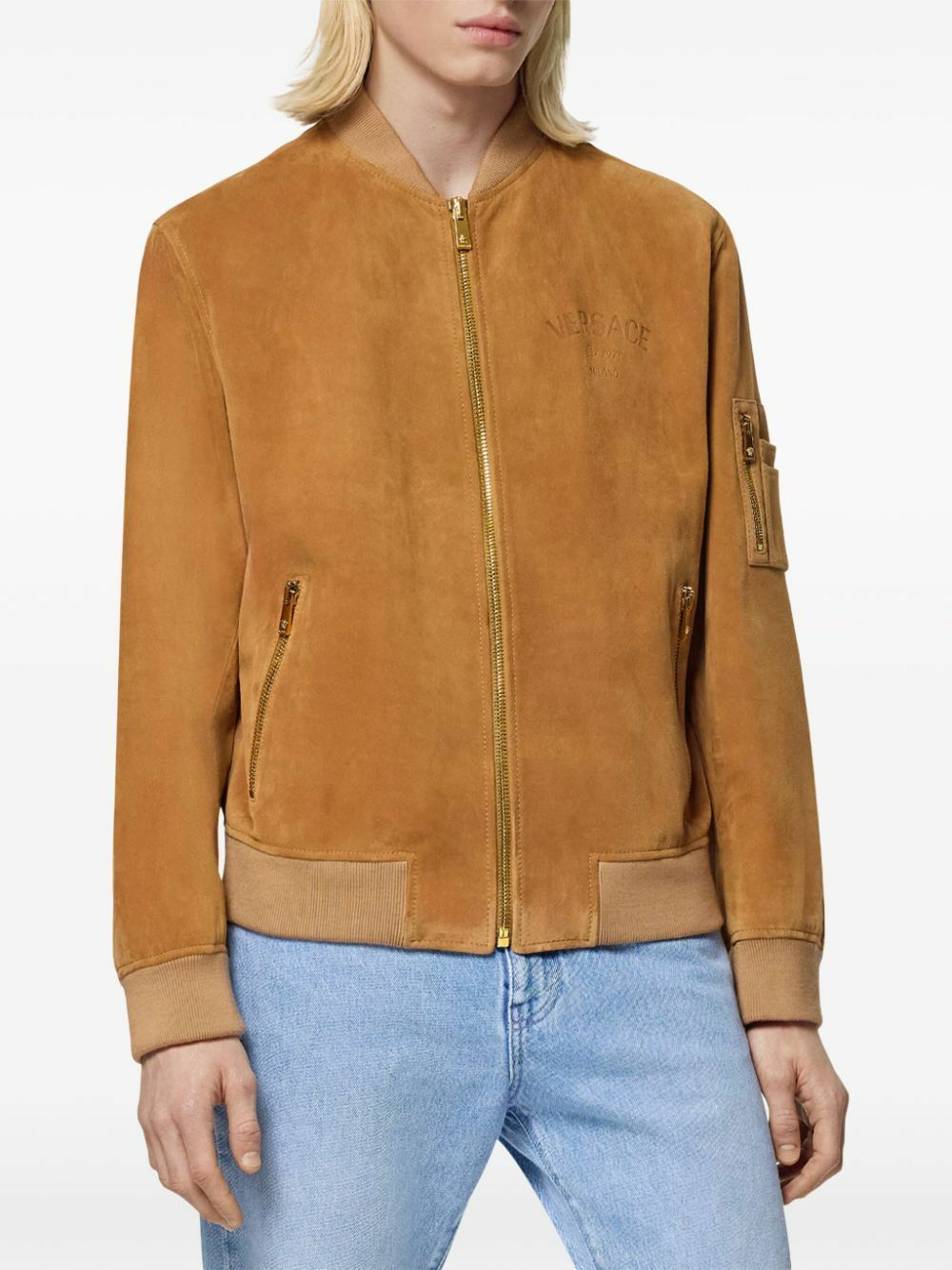 Versace Brown Logo-Debossed Suede Jacket