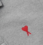 AMI PARIS - Logo-Embroidered Mélange Cotton-Piqué Polo Shirt - Gray