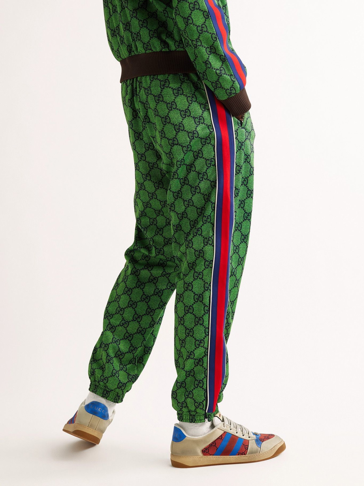 Gucci Mens GG Logo Track Pants Large Grey Monogram Green Red Side