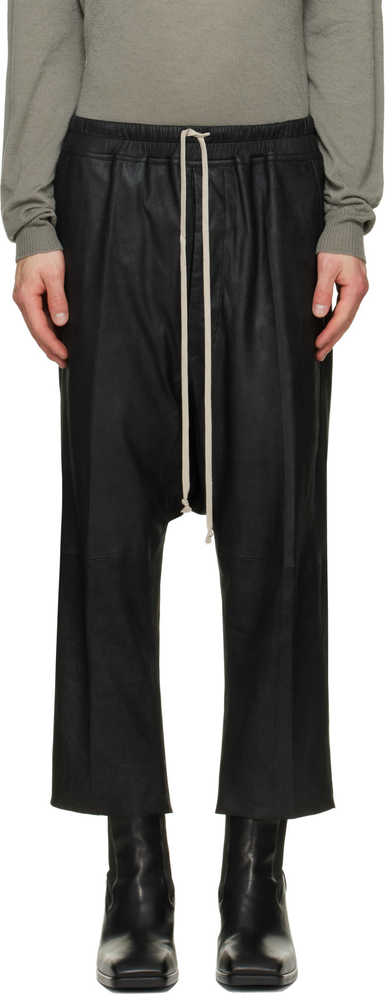Rick Owens Black Tower Drawstring Cropped Leather Pants