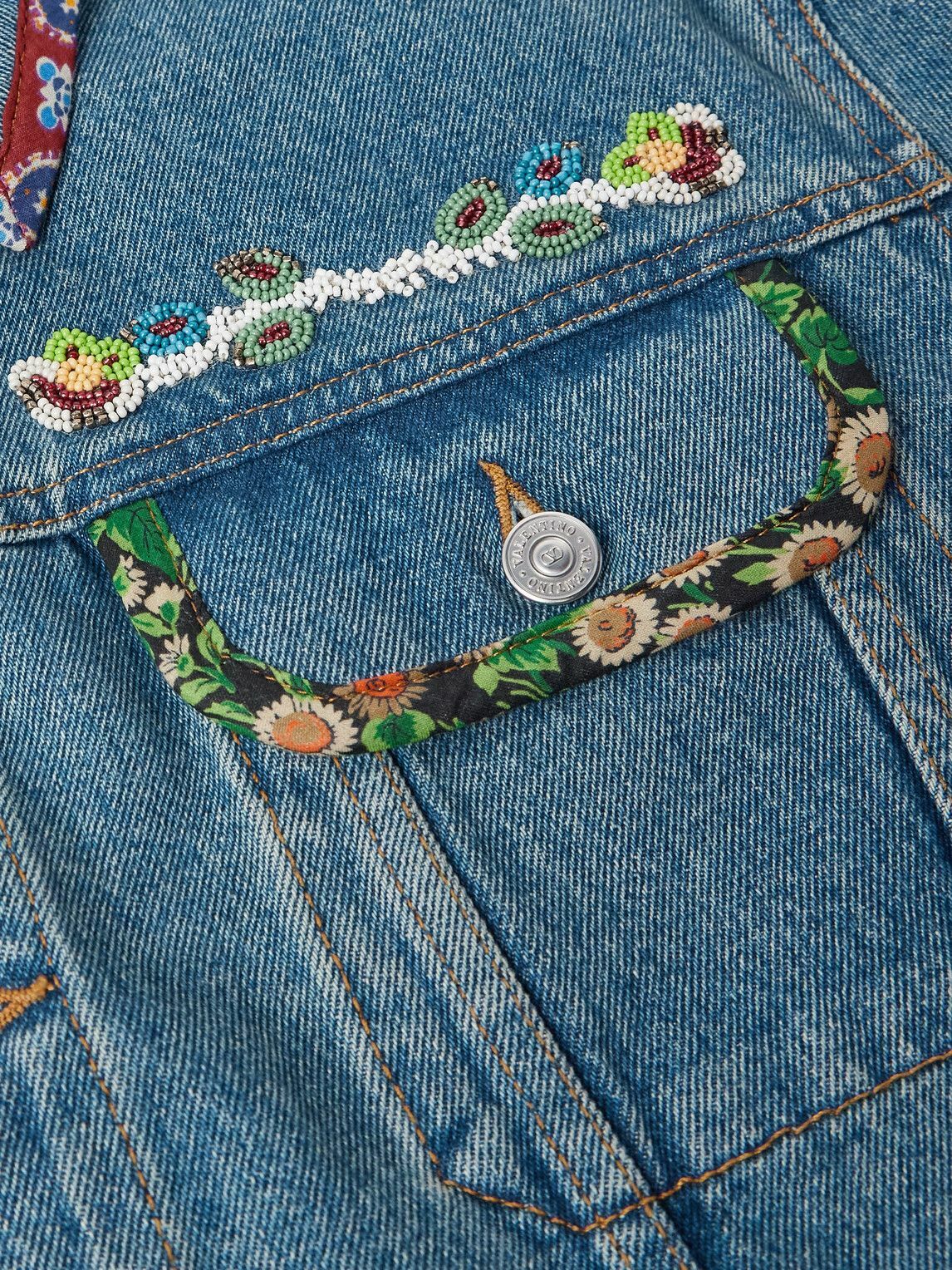 Valentino Garavani - Bead-Embellished Floral-Trimmed Denim Jacket