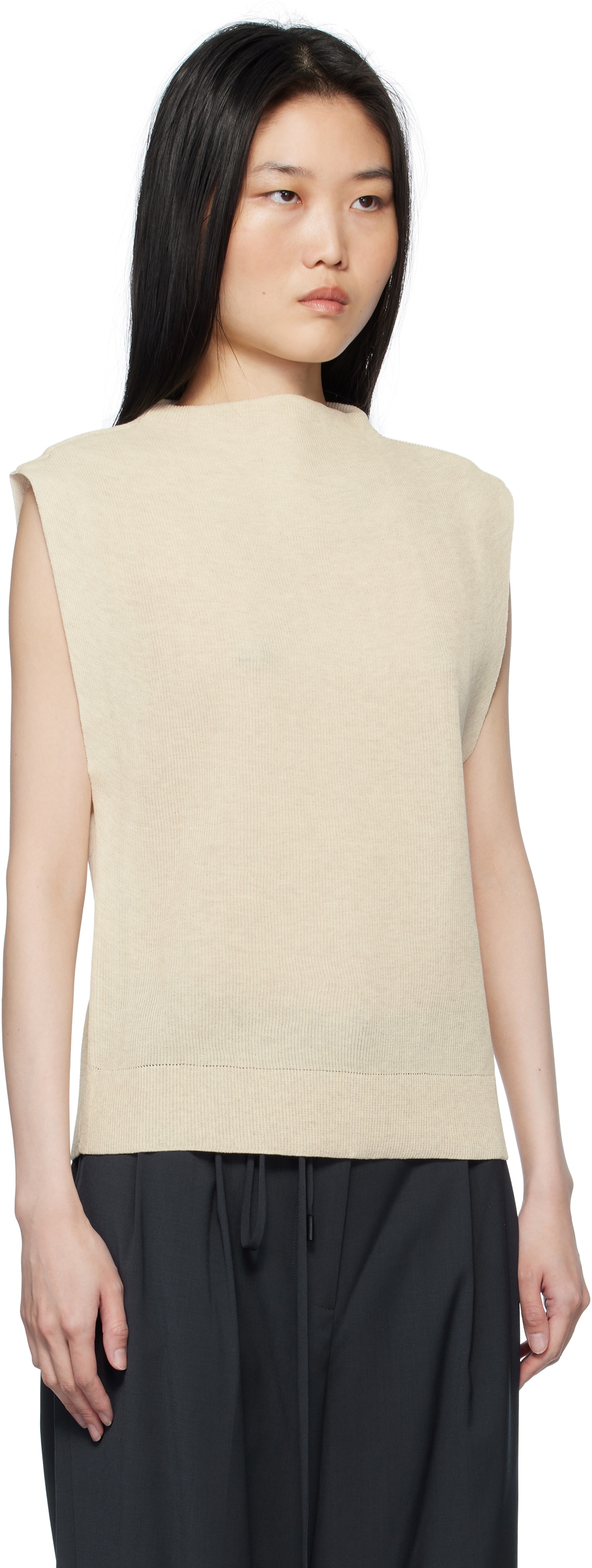 LE17SEPTEMBRE Beige Ribbed Mock Neck Knit Sweater