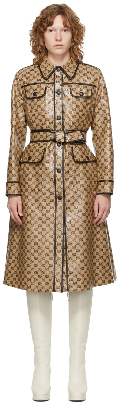 Gucci Beige & Brown GG Coated Canvas Trench Coat Gucci