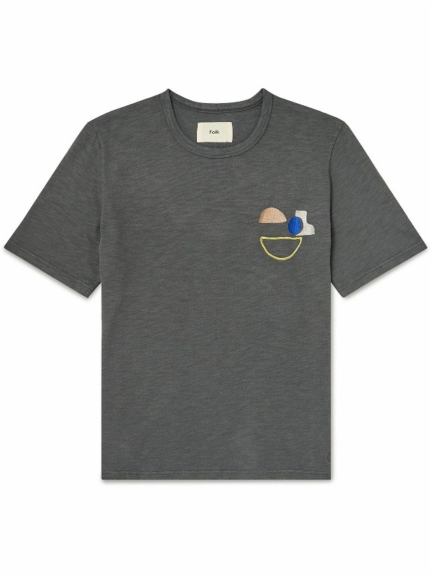 Photo: Folk - Embroidered Slub Cotton-Jersey T-Shirt - Gray