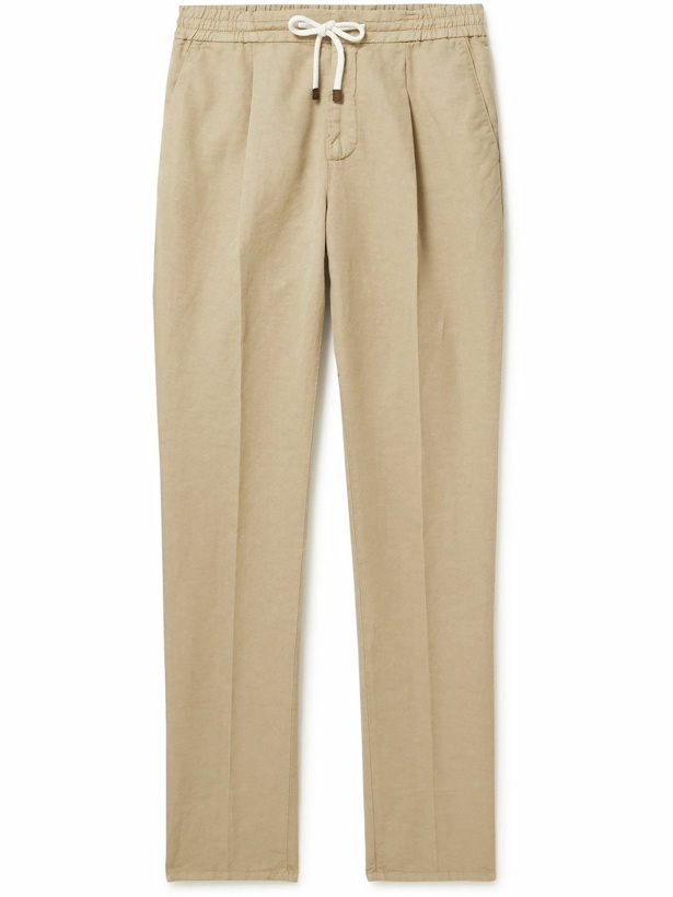 Photo: Brunello Cucinelli - Slim-Fit Tapered Linen and Cotton-Blend Drawstring Trousers - Brown