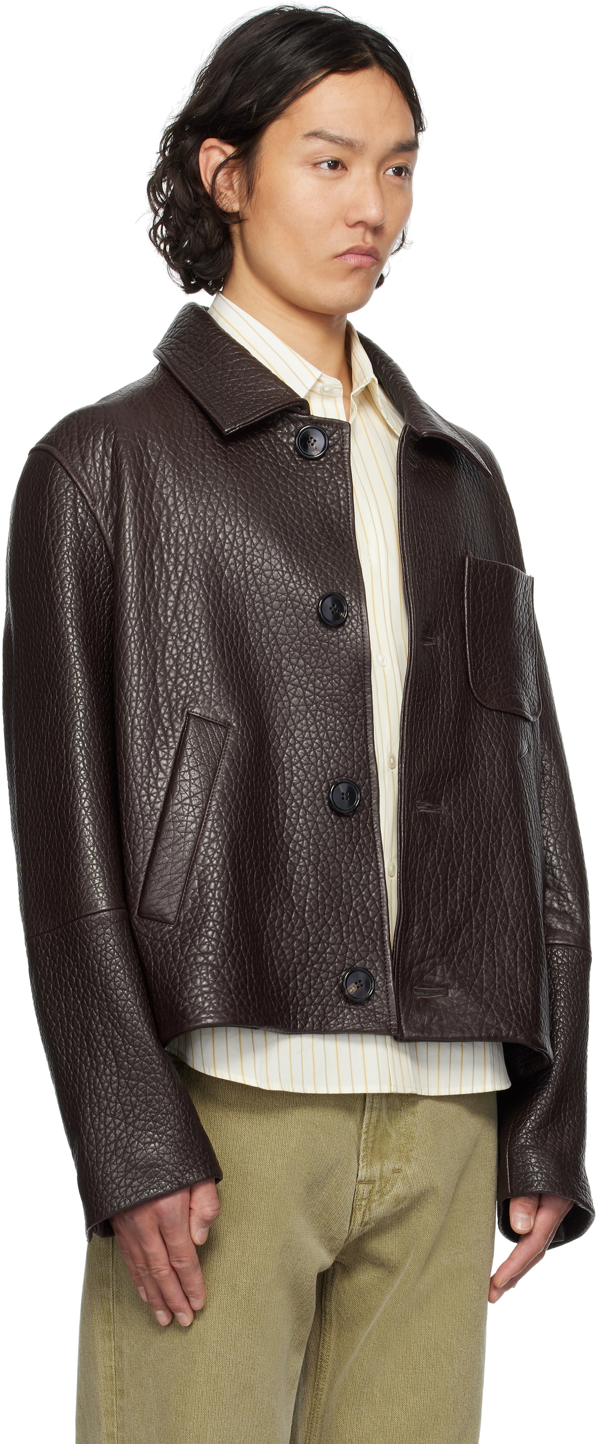 AMI Paris Burgundy Buttoned Leather Jacket