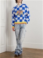Liberal Youth Ministry - Distressed Embroidered Checked Jacquard-Knit Wool-Blend Sweater - Blue