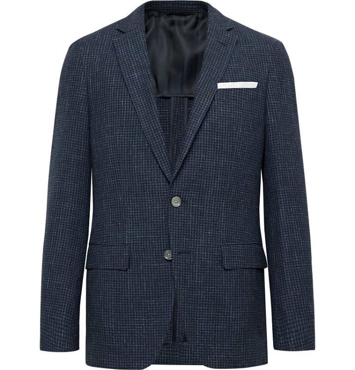 Photo: Hugo Boss - Navy Hartley Slim-Fit Checked Wool, Cotton and Linen-Blend Blazer - Blue