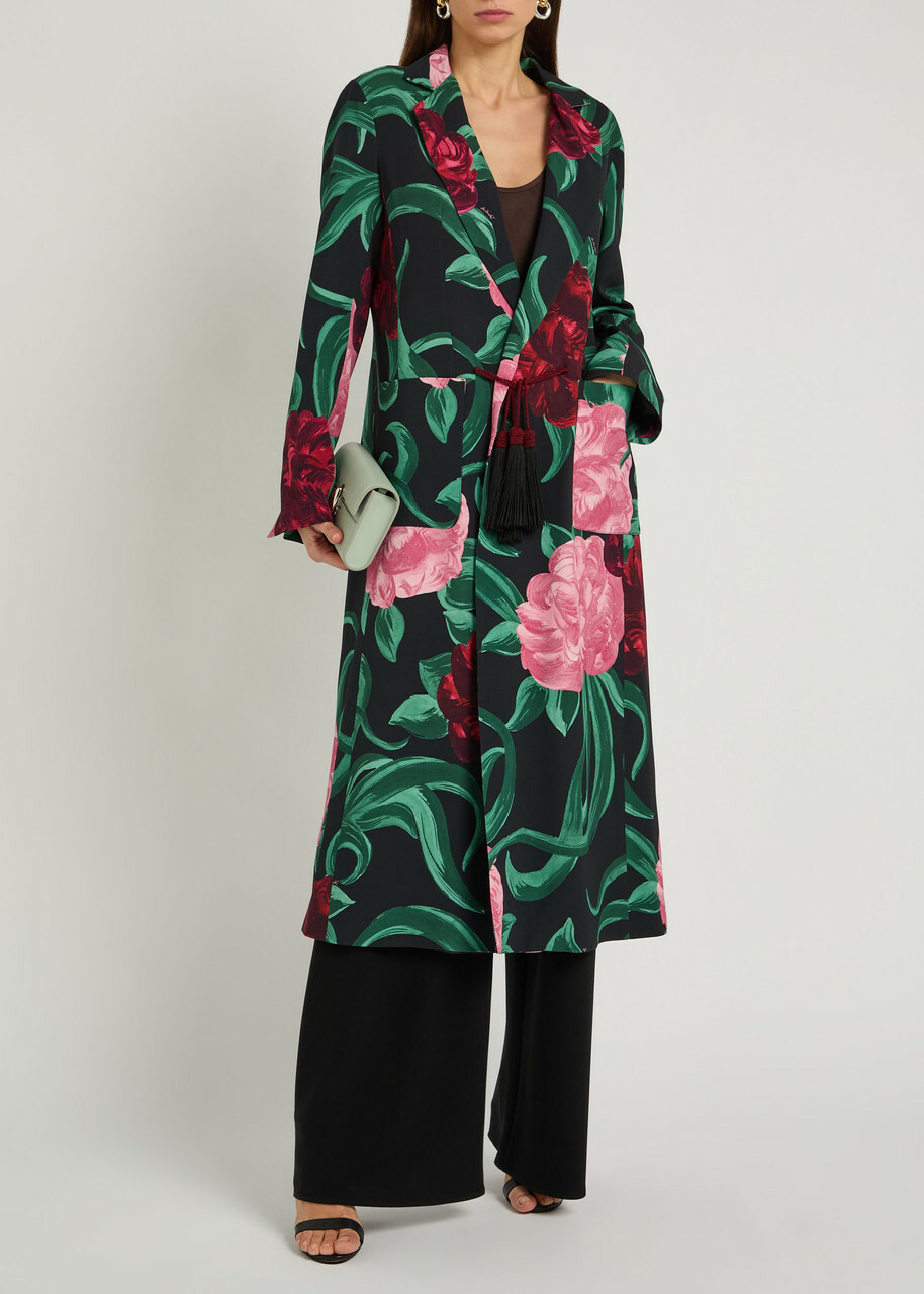 LA Double J Duster Floral-print Sablé Satin Coat Beige