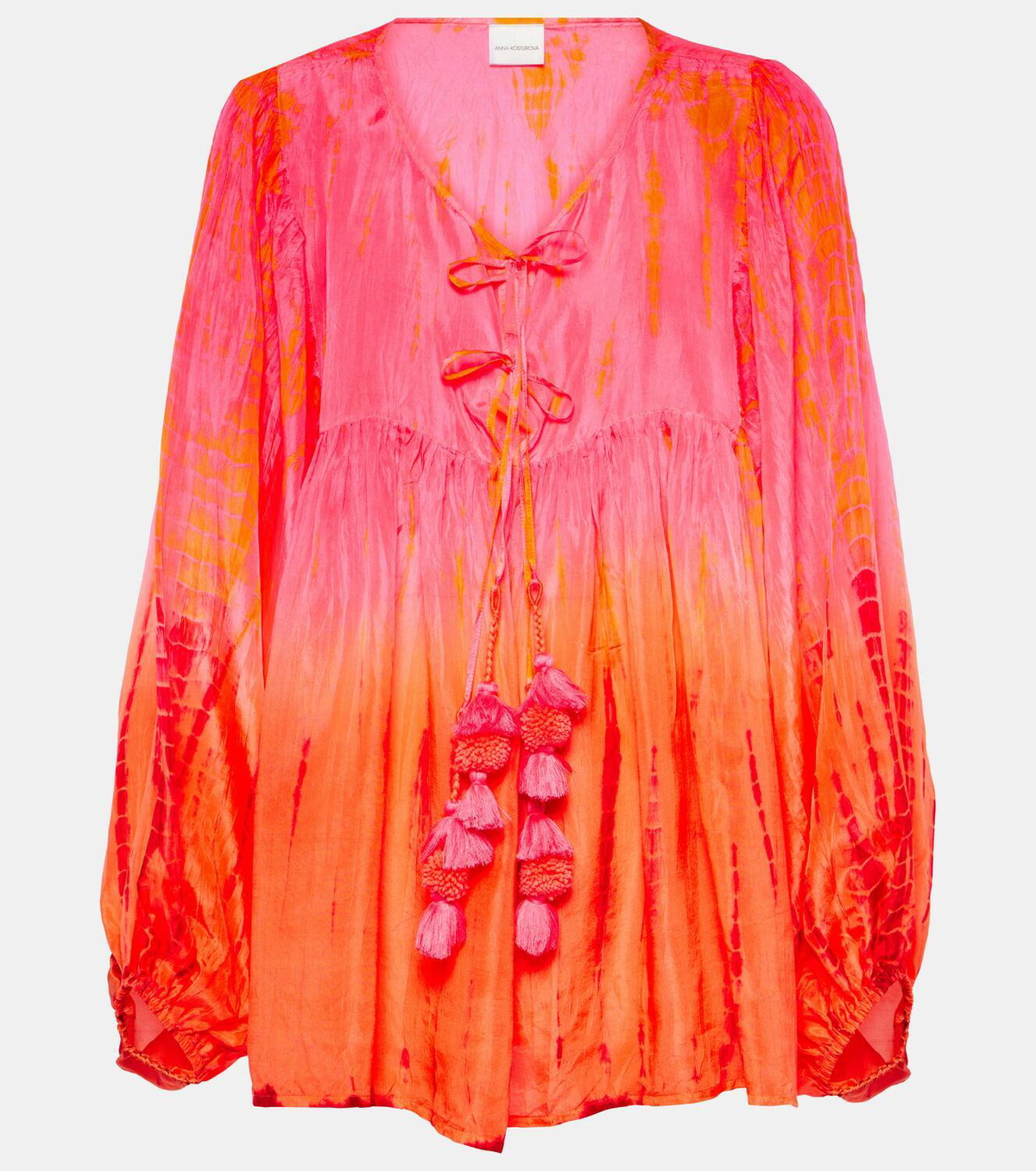 Anna Kosturova Balloon-sleeve tie-dyed pompom silk top