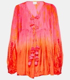 Anna Kosturova Balloon-sleeve tie-dyed pompom silk top