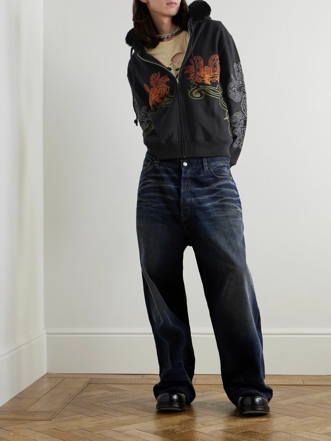 美品　Acne studios フーデッド Acne Studios - Faux Fur-Trimmed Embroidered Cotton-Jersey Hoodie