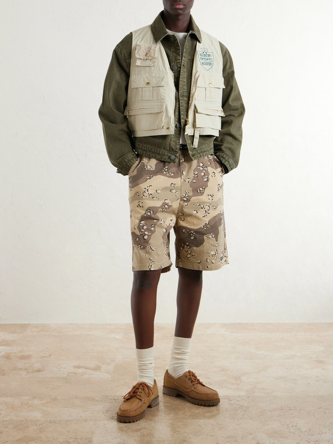 KAPITAL - Easy Straight-Leg Herringbone Camouflage-Print Cotton Shorts - Neutrals