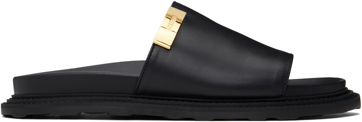 Photo: Moschino Black Calfskin Logo Plaque Sandals