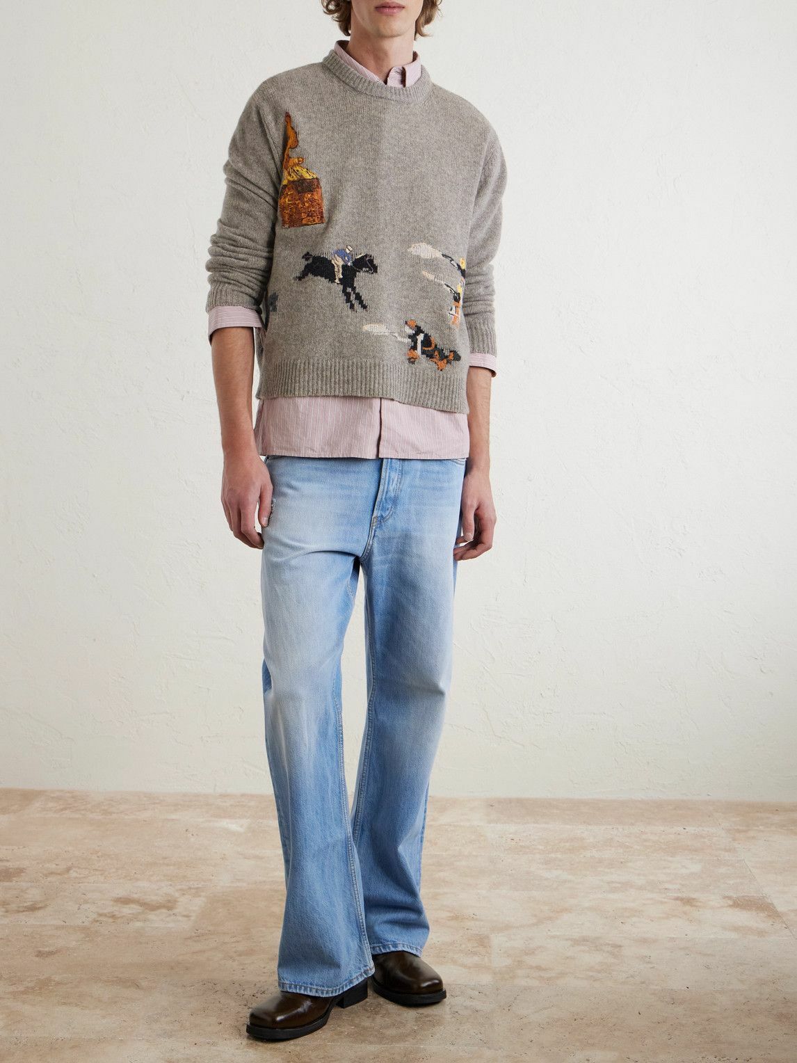 Enfants Riches Déprimés - Come Live With Me Embroidered Intarsia Wool Sweater - Gray
