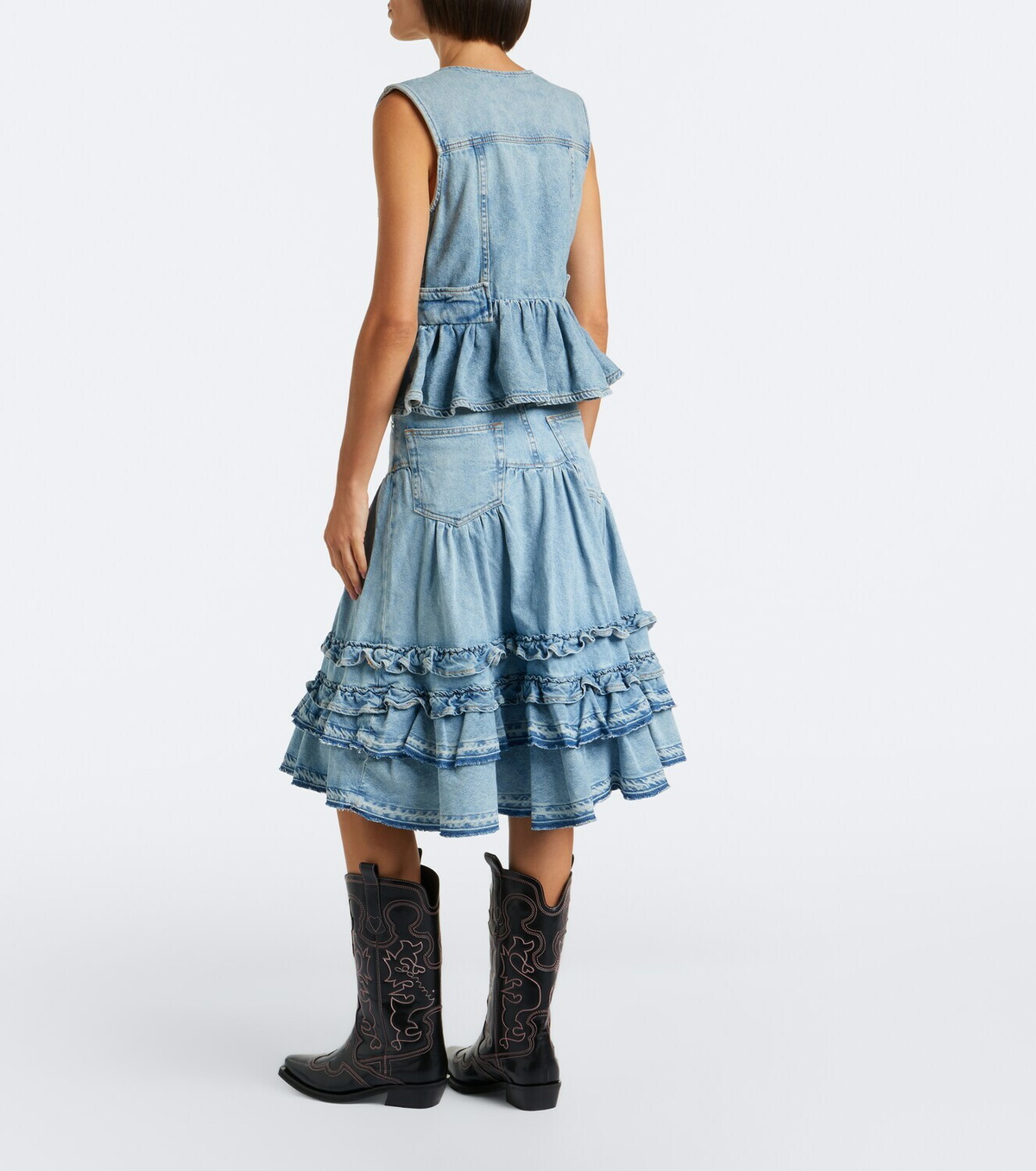 Ganni Ruffled denim midi skirt
