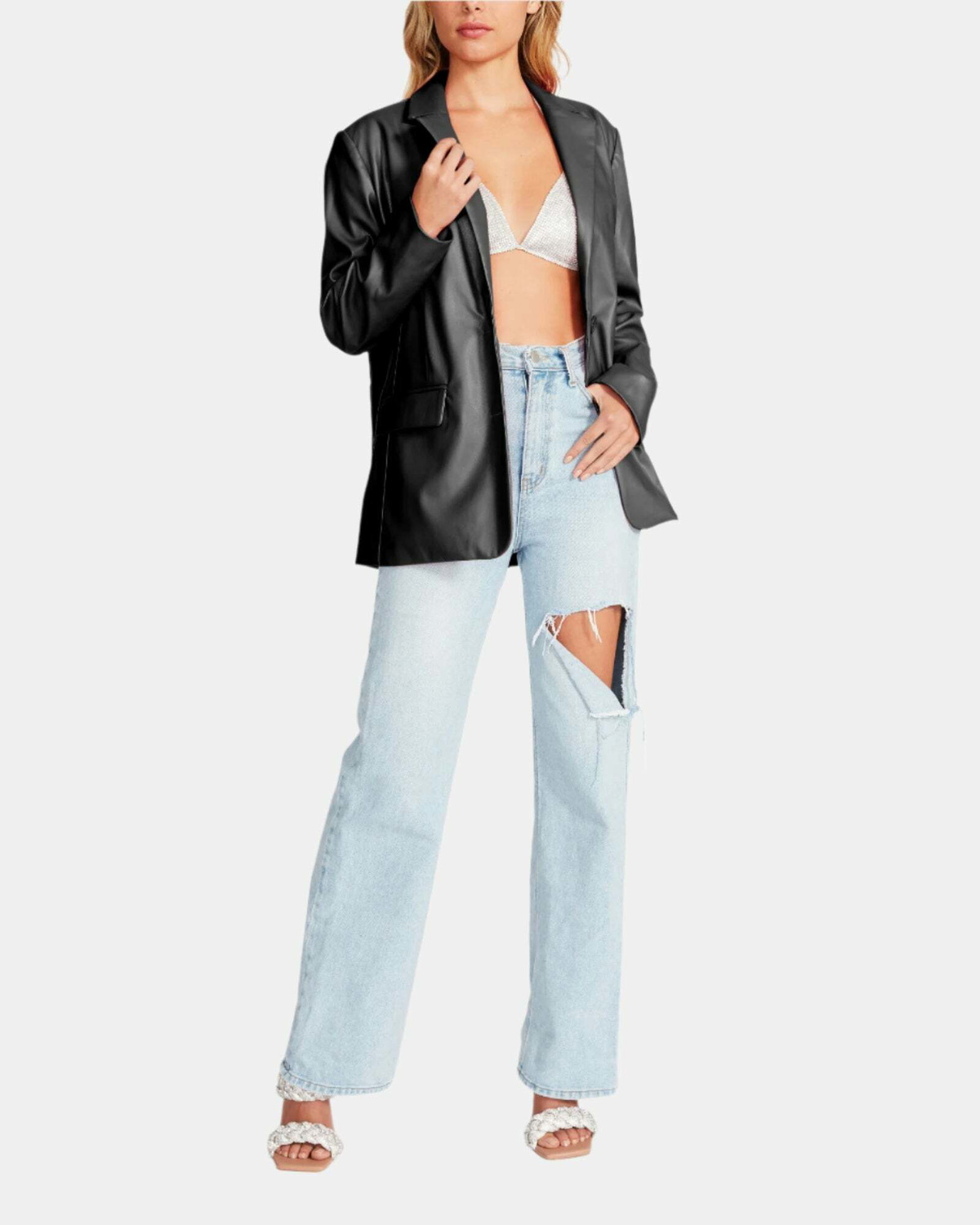 Steve Madden Vegan Leather Boyfriend Blazer in Black