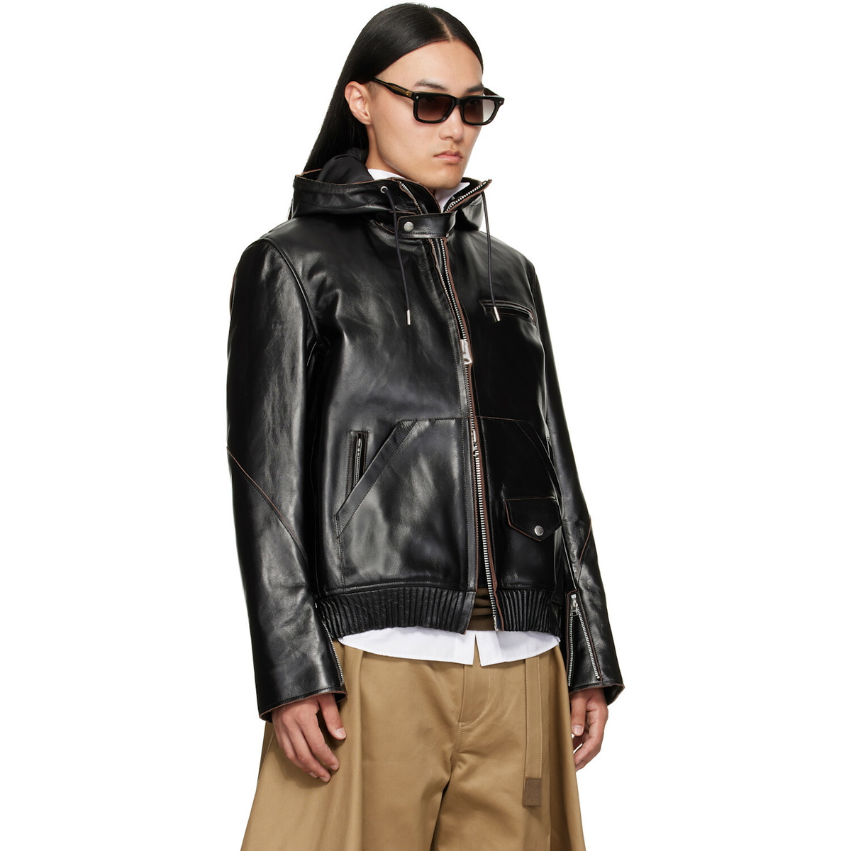 sacai Black Blouson Leather Jacket Sacai