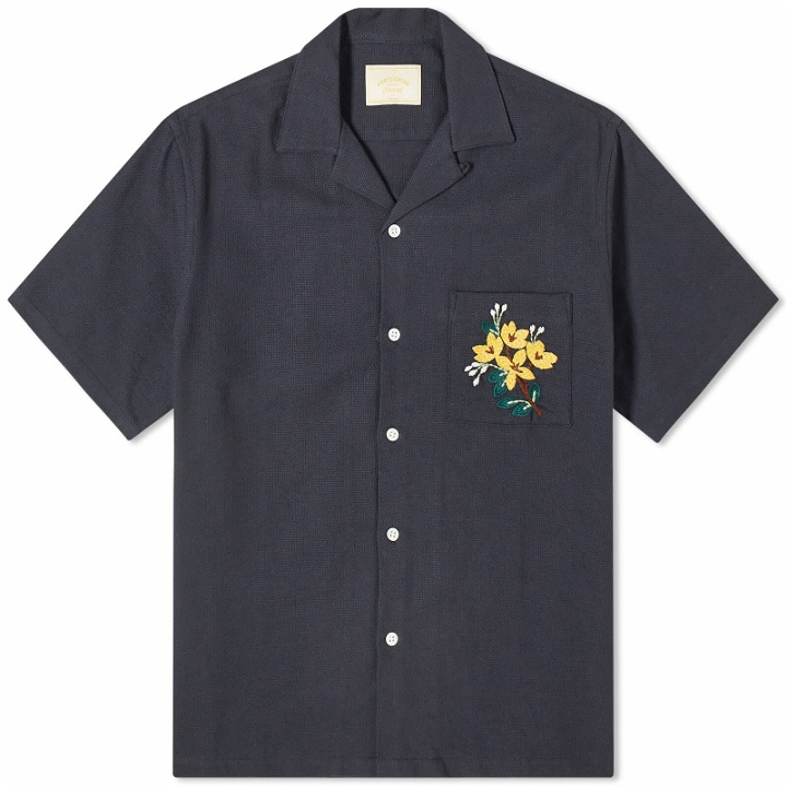 Photo: Portuguese Flannel Men's Pique Embroidered Flowers Vacation Shirt in Navy