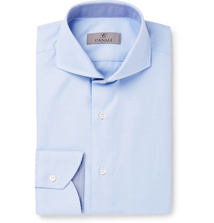 Photo: Canali - Light-Blue Cutaway-Collar Checked Cotton-Jacquard Shirt - Men - Blue