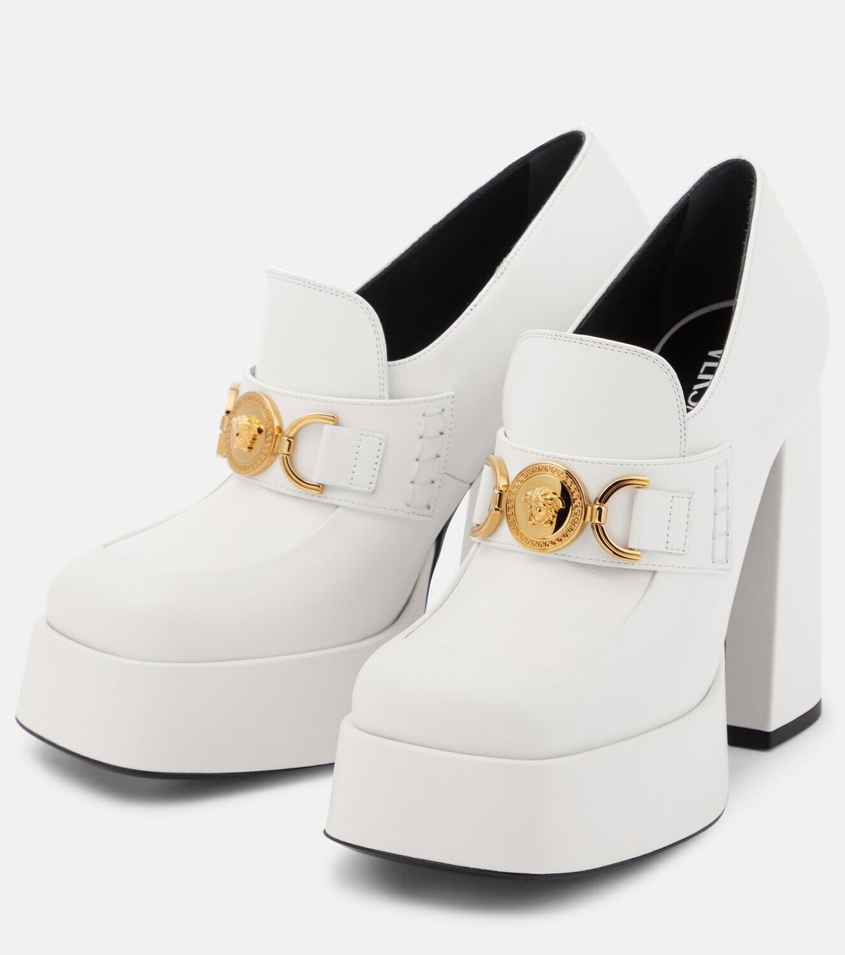 white and gold versace loafers