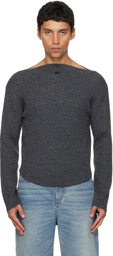 Photo: Courrèges Gray Boatneck Ribbed Wool Sweater