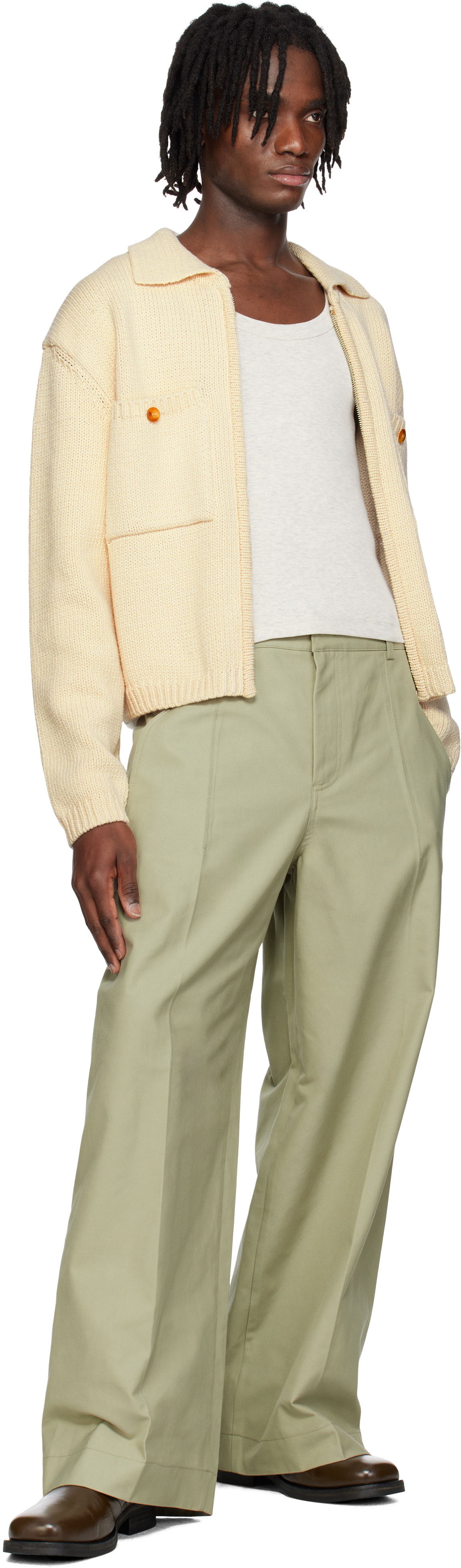 RECTO Beige Wide Fit Cotton Trousers