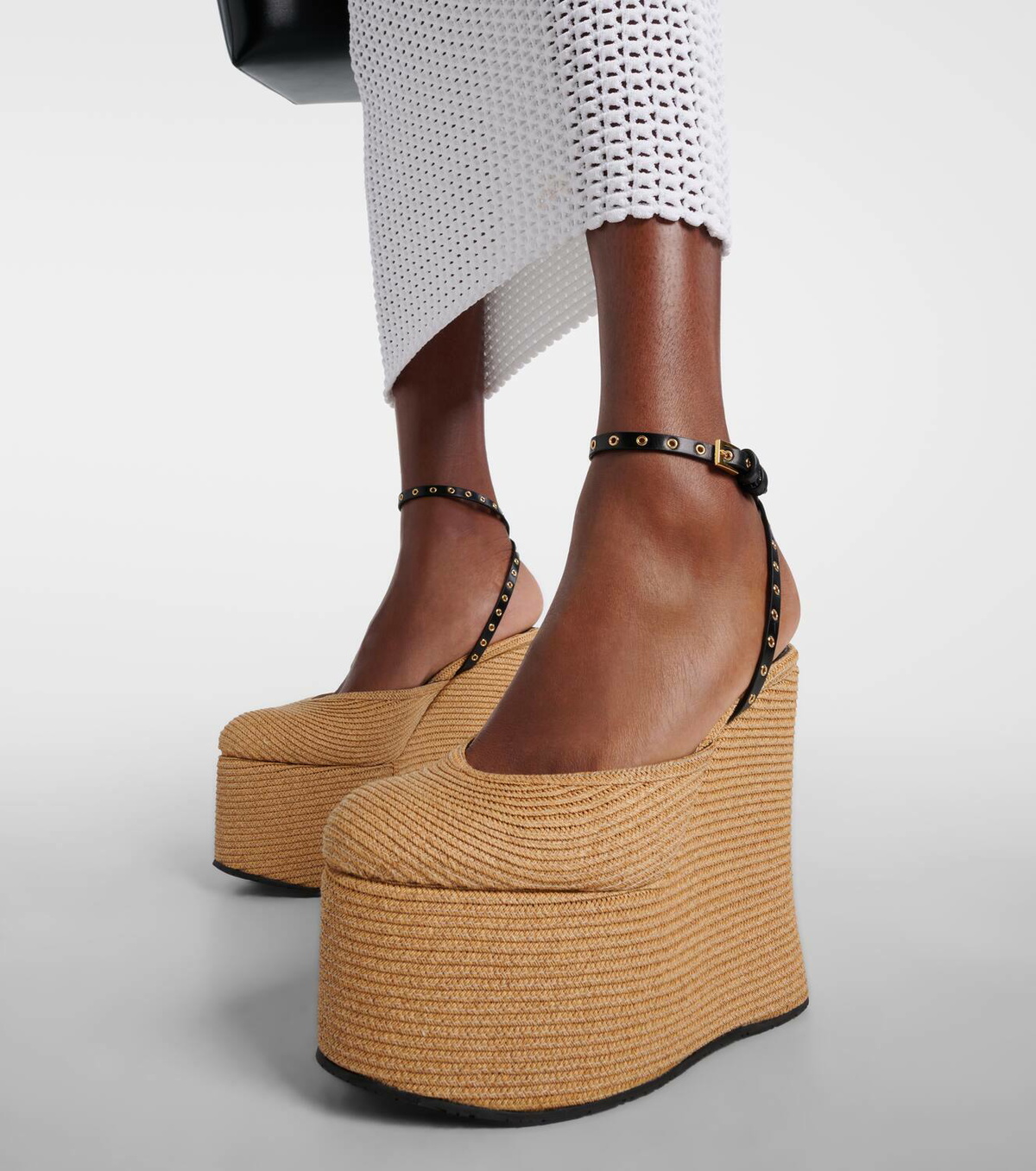 Alaïa Leather-trimmed raffia wedge sandals ALAÏA