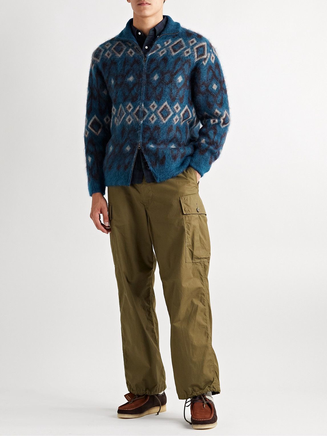 Beams Plus - Jacquard-Knit Mohair-Blend Zip-Up Cardigan - Blue