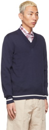 Brunello Cucinelli Navy Cotton V-Neck Sweater