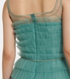 Costarellos Kali embellished tulle-trimmed plissé gown