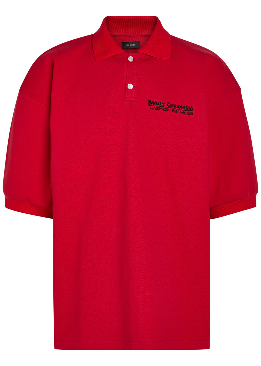 Willy Chavarria Football Logo-embroidered Piqué Cotton Polo Shirt Red