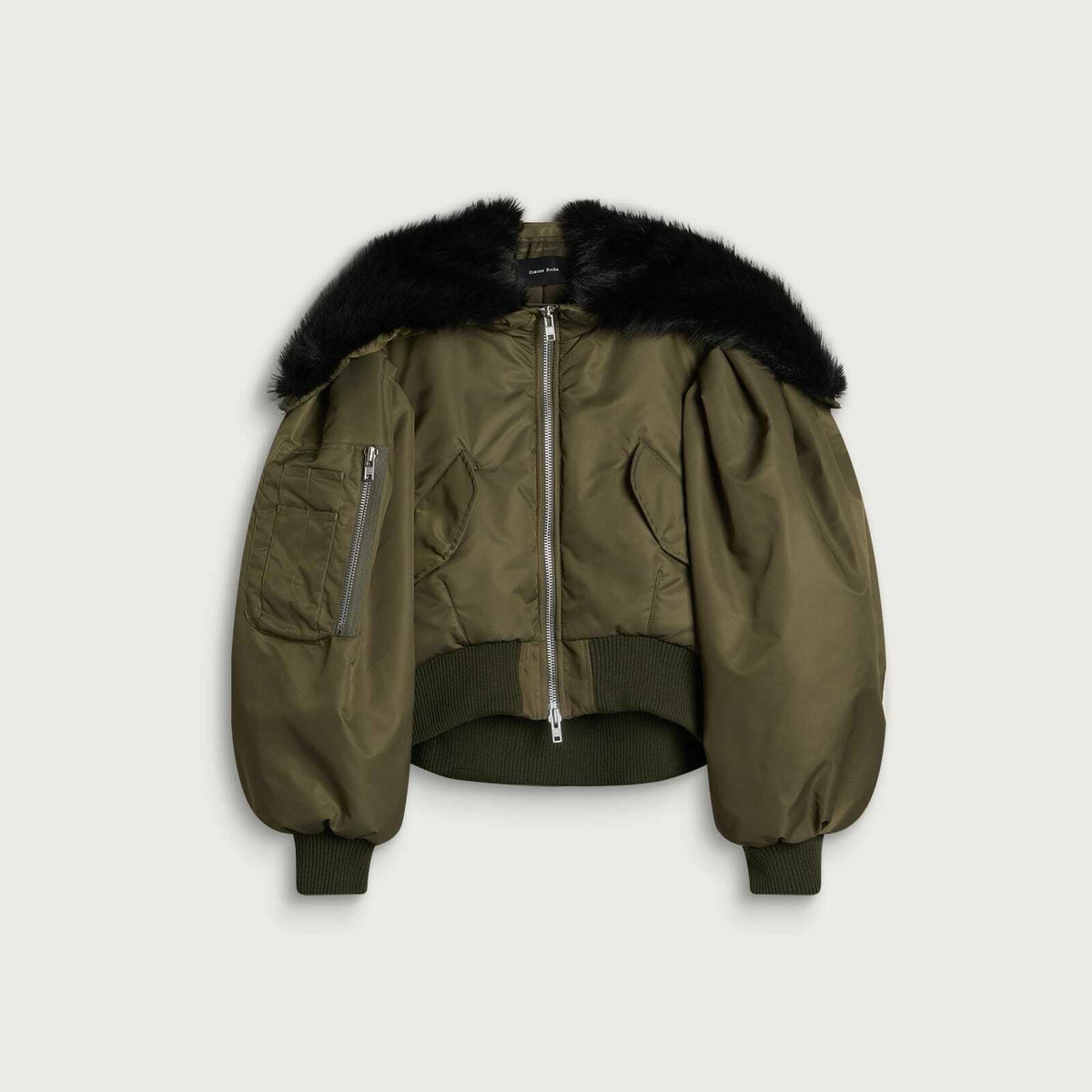 Simone Rocha Women's Cropped Split Faux Fur Hood Bomber Jacket in Khaki/Black